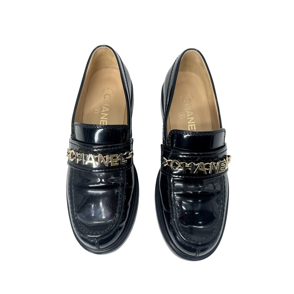 Chanel Patent Leather Logo Round Toe Slip On Flat Loafers Black Women's Size 36